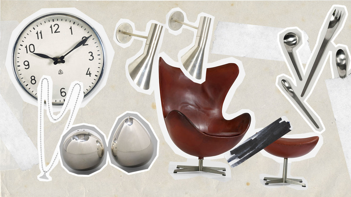 Collage of minimalist design by Arne Jacobsen, featuring clock, chair, and modern decor.