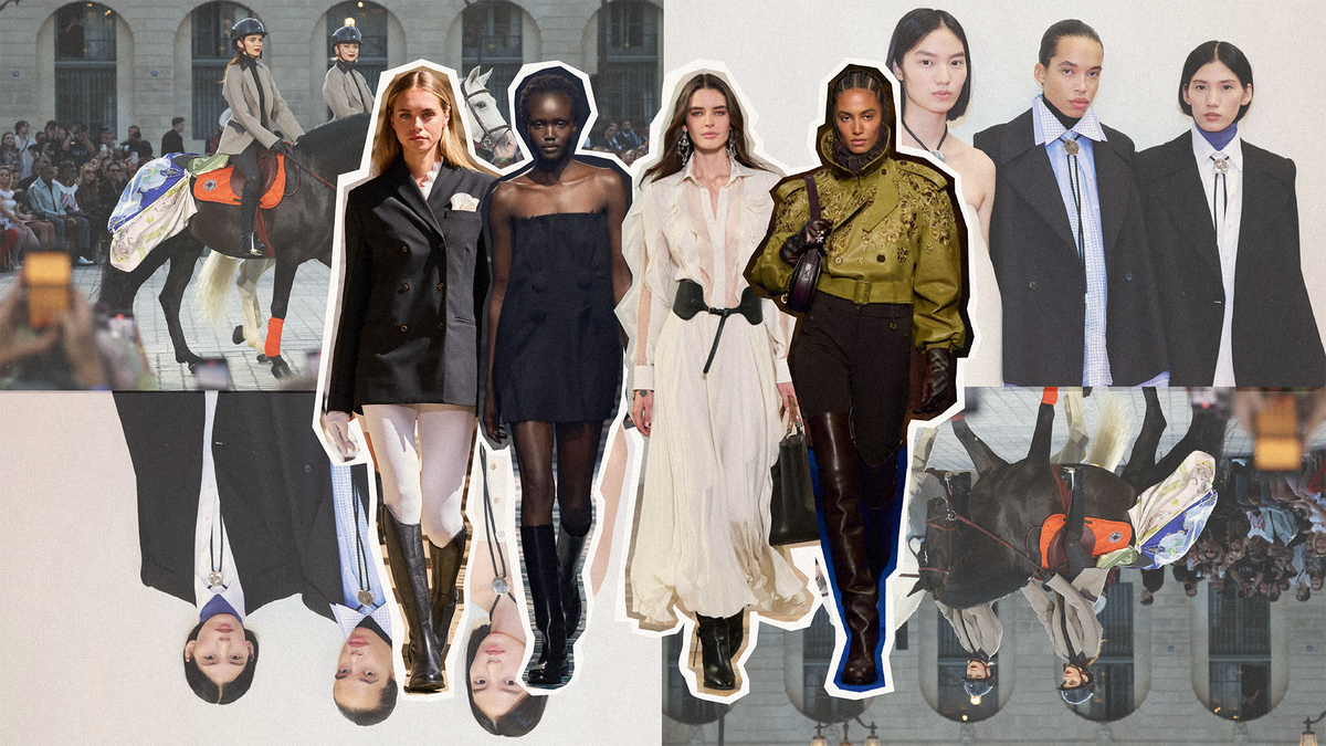 Spring 2026 equestrian fashion trend featuring models in stylish outfits and horse riders on the runway.