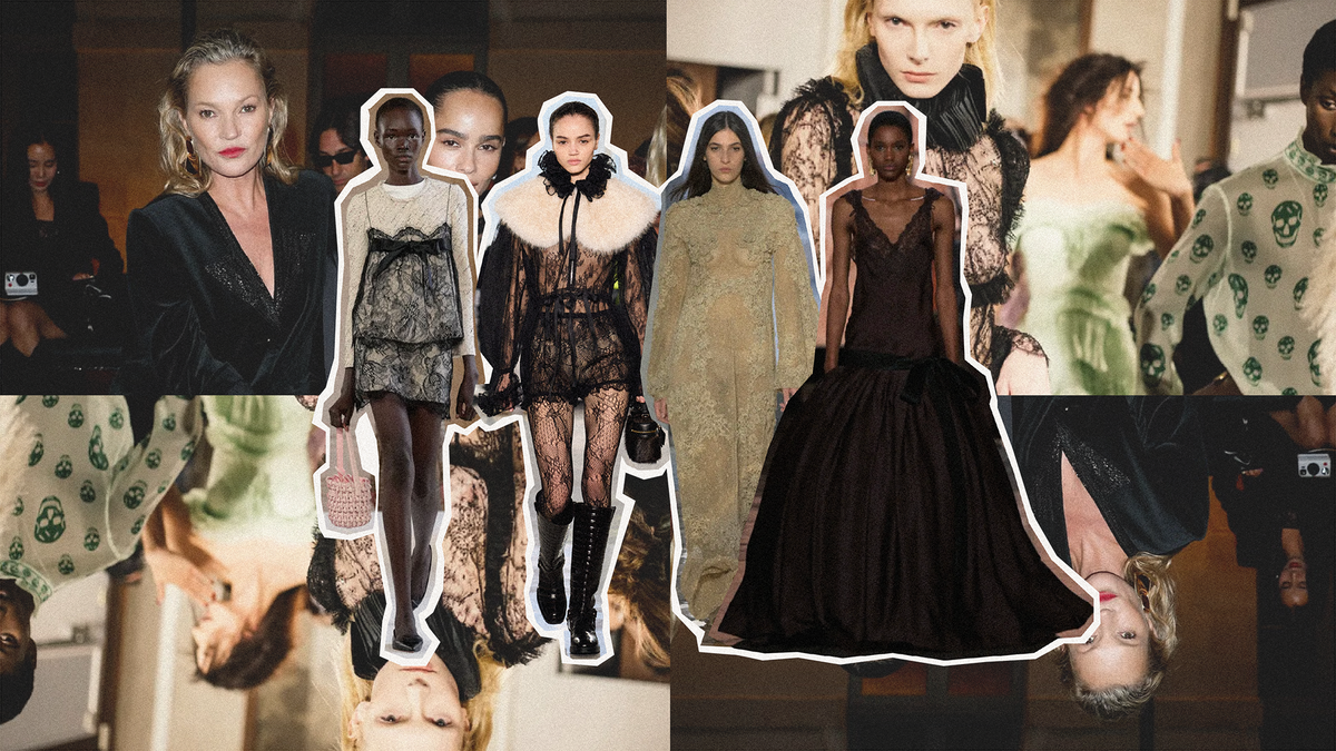 Collage of models featuring lace outfits following the fall winter lace fashion trend, showcasing gothic and romantic styles.