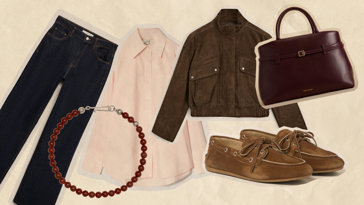 spring 2025 wardrobe essentials featuring jeans, shirt, jacket, necklace, shoes, and handbag.