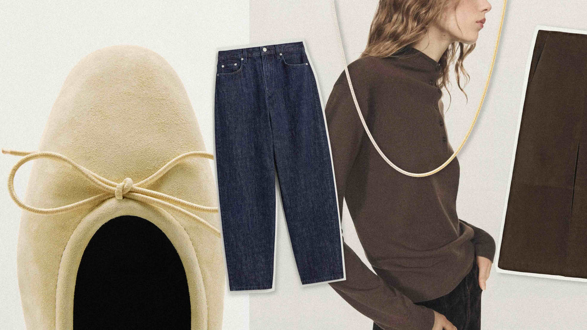 timeless wardrobe essentials showcasing yellow shoes, dark jeans, and a stylish brown top.