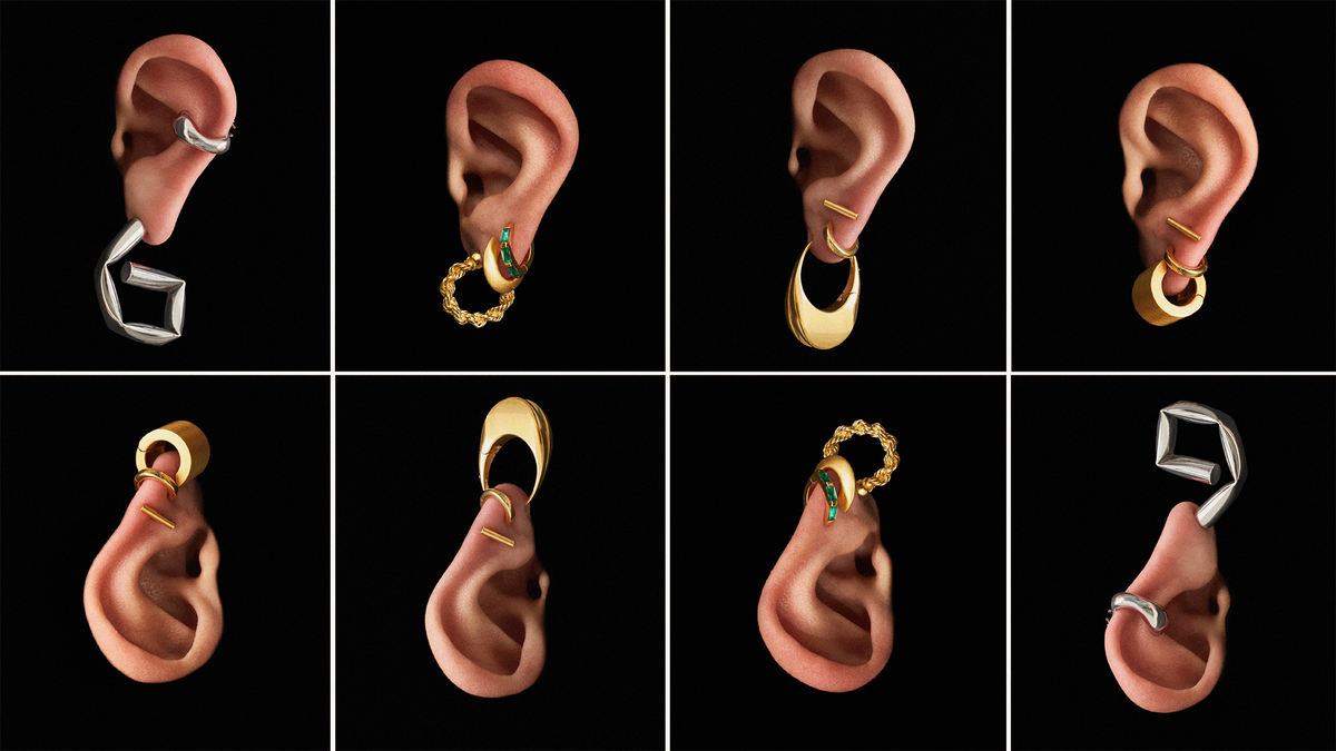affordable designer earrings under 200 showcased on ear models, featuring various styles and designs.