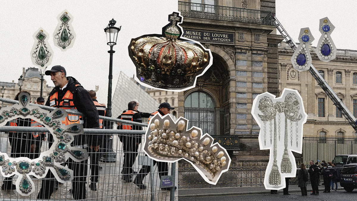 Louvre jewelry heist details with police securing area and stolen jewelry displayed.