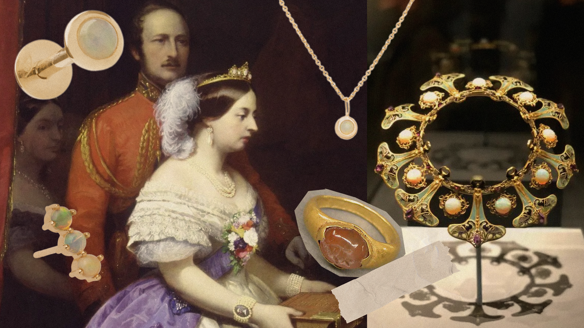 A historic image featuring opal jewelry, depicting royal admiration for mythical opals history.