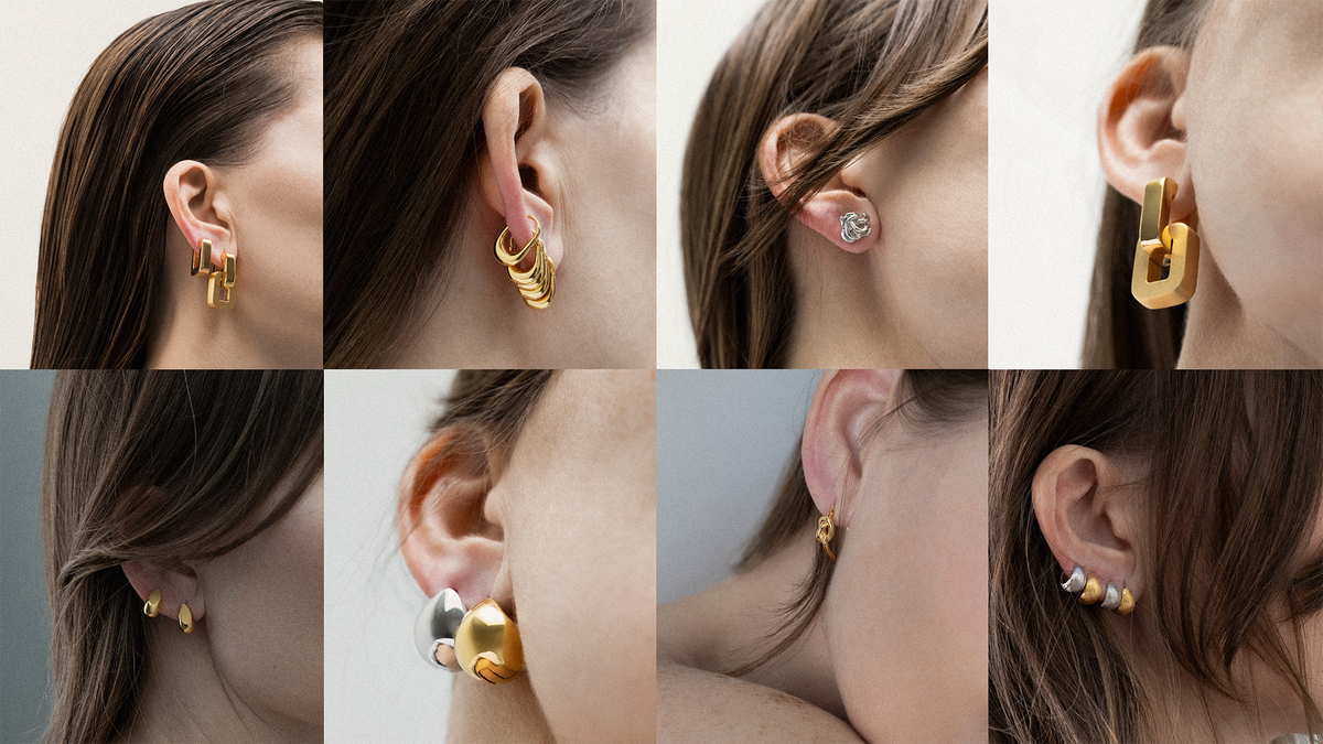 A collage of various types of earrings featured in the types of earrings guide by CINCO Jewelry.