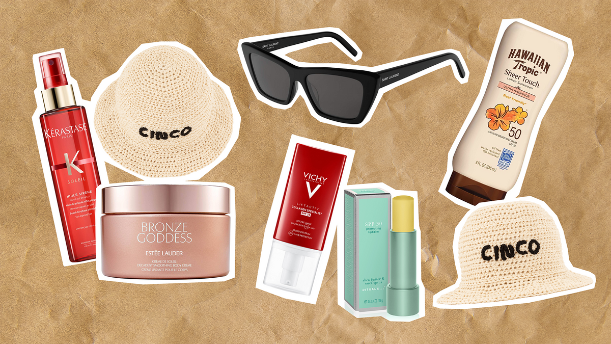Products for sun safety tips for summer including sunscreen, sunglasses, and hair protection by CINCO Jewelry.