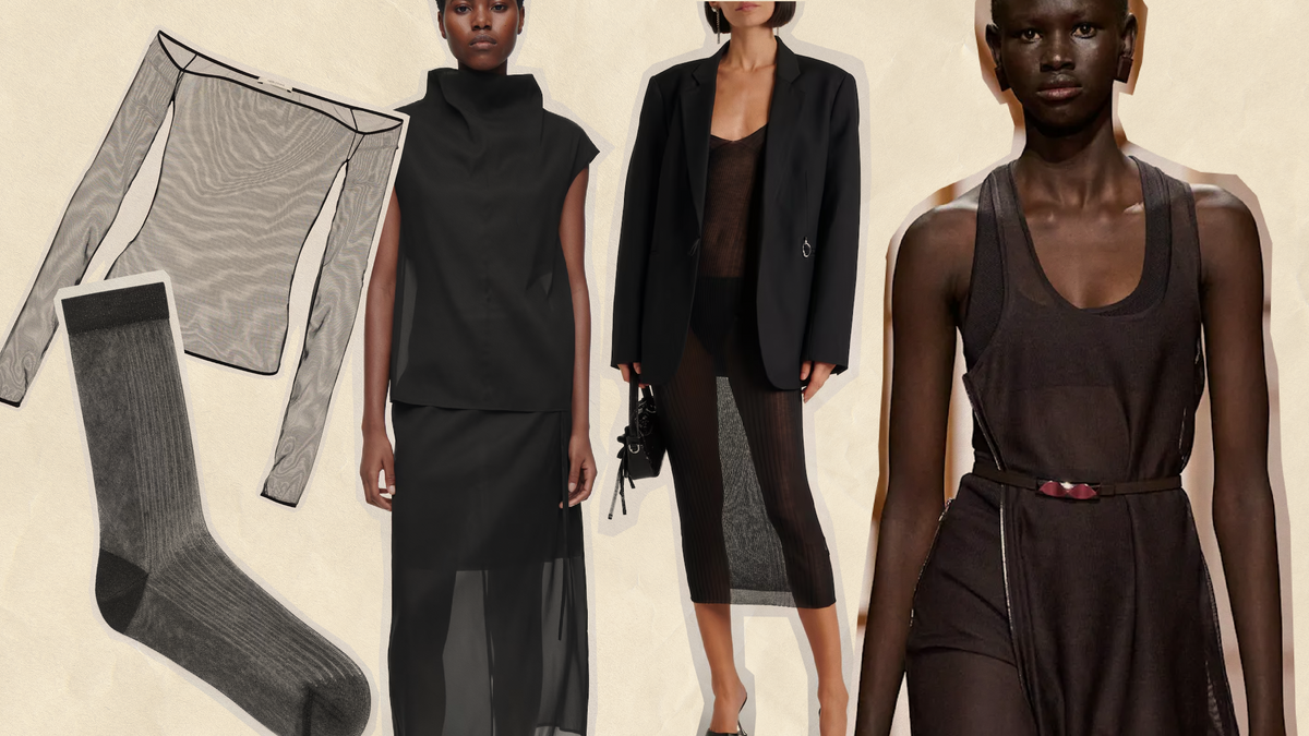 2025 sheer mesh fashion trend featuring stylish tops, skirts, and accessories in chic black tones.