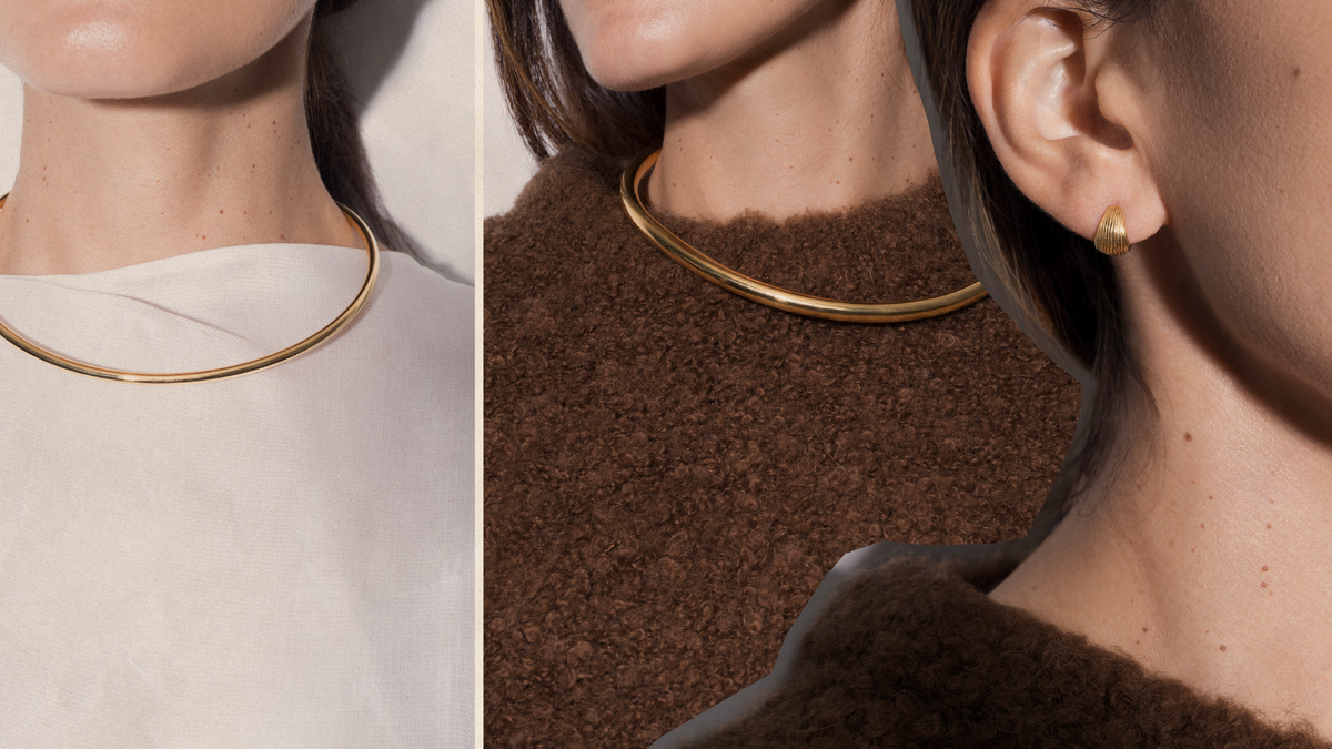 new year's eve jewelry 2025 featuring a gold choker and unique earrings on a model's neck and ear.
