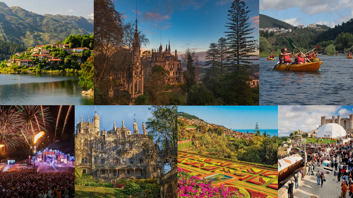 A collage showcasing stunning spring activities in Portugal, including kayaking, festivals, and beautiful landscapes.