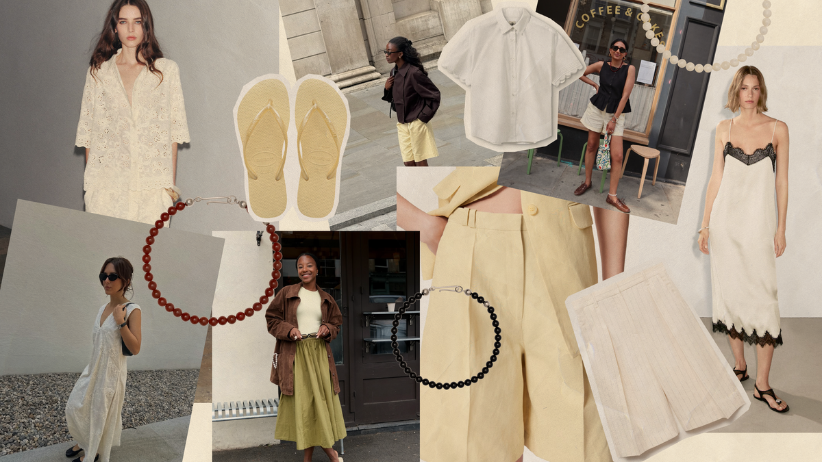 Collage of 2025 summer fashion trends featuring linen sets and stylish accessories.