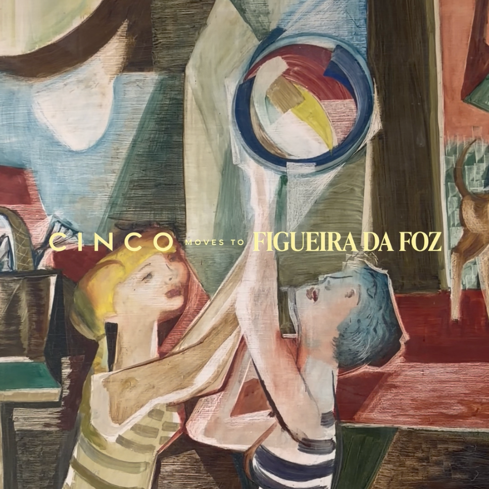 Book cover for 'Cinco Novelas para Figueira da Foz' featuring a colorful, cubist-style painting of two women in striped clothing, one holding a mirror.