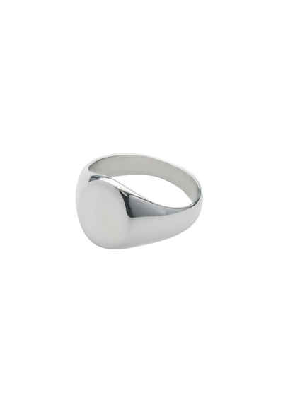 A polished silver signet ring with a smooth, rounded oval face, shown on a clean white background.