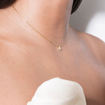 model wearing pear necklace 18k diamond