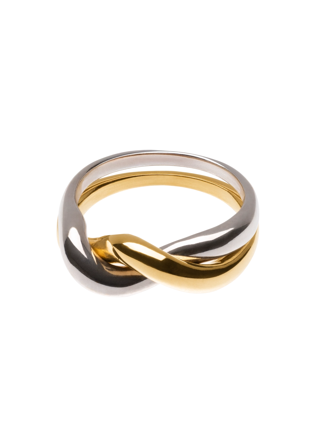 Two interlocking rings, one gold and one silver, on a white background